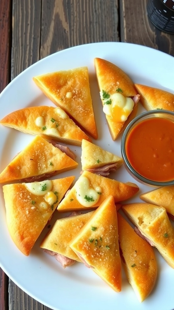 Golden sandwich bread snacks filled with cheese and deli meat, cut into triangles, on a rustic plate.